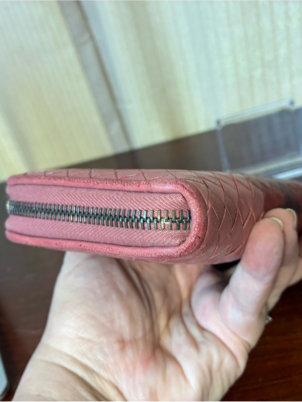 Bottega Veneta Pink and Burgundy Intrecciato Zip Wallet - Picture 9 of 14